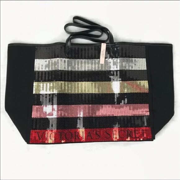 Victoria Secret rainbow signature stripe sequin bling large XL tote bag NWT/NIP - Picture 2 of 5